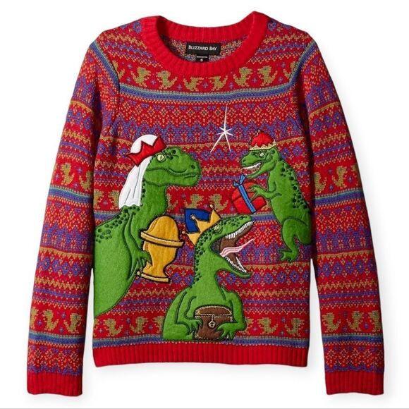 NWT Blizzard Bay Boys Ugly Chrismas Sweater Dinosaur Santas 3 Wise Mem - Picture 1 of 5